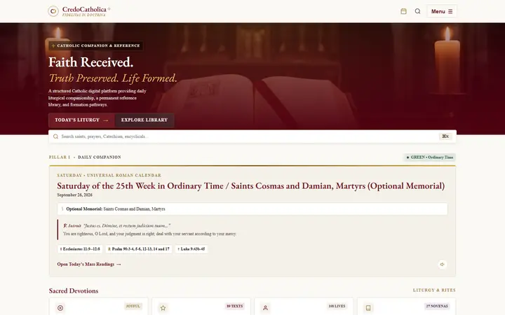 CredoCatholica homepage showing the day's liturgy, readings and devotions